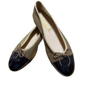 Chanel Size 39 8.5 Gold & Black Glitter Bow Cap Toe Ballerina Ballet Flats Shoes